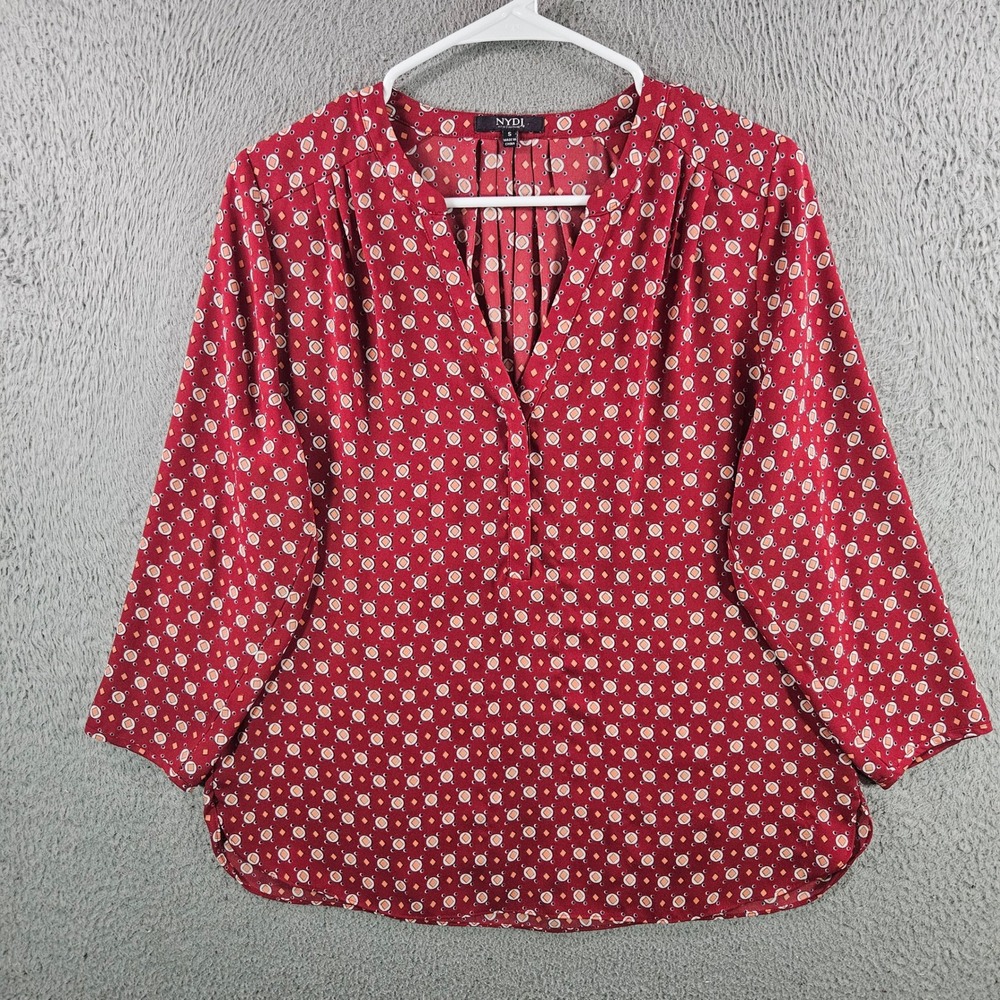 NYDJ Womens Red Geometric Tile Print Split Neck Blouse Top Size S 3/4 Sleeve